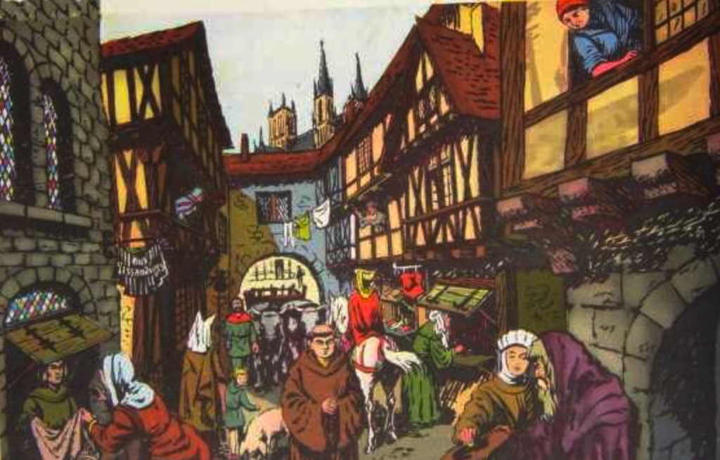 Gravure peinte en couleur représentant une rue au Moyen Age avec maisons à colombages, et de nombreux piétons, ainsi qu'un cheval, un cochon et une charrette tirée par des boeufs.