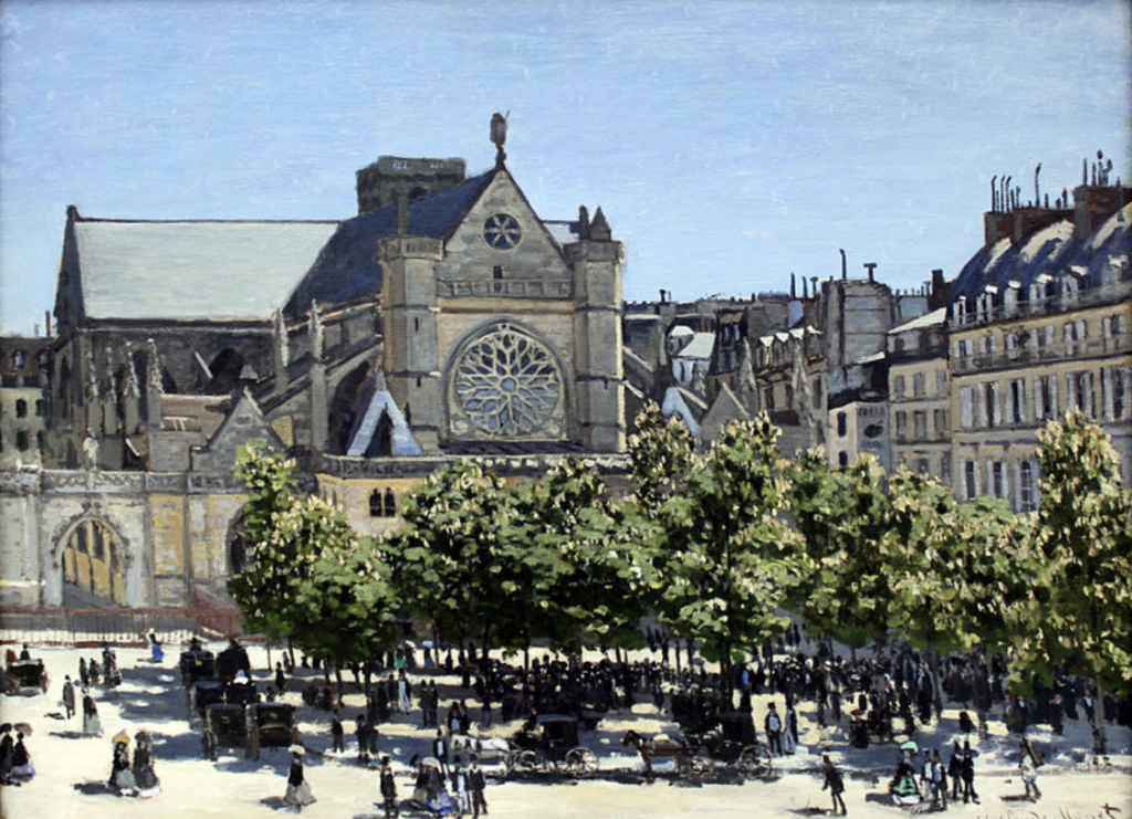 Tableau de Claude Monet de format rectangulaire représentant l'église Saint-Germain-l'Auxerrois, avec une place arborée au premier plan et des immeubles d'habitations sur la droite, sous un ciel bleu.