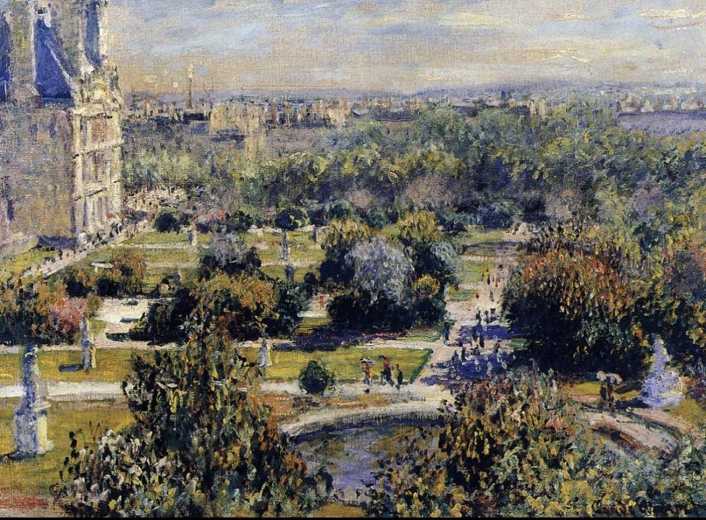 Tableau de Claude Monet de format rectangulaire représentant le jardin des Tuileries, vu d'en haut, avec ses arbres, ses statues, son bassin, ses promeneurs, et à gauche un pavillon du Louvre. La touche est rapides, les couleurs dominantes sont le vert et le bleu.