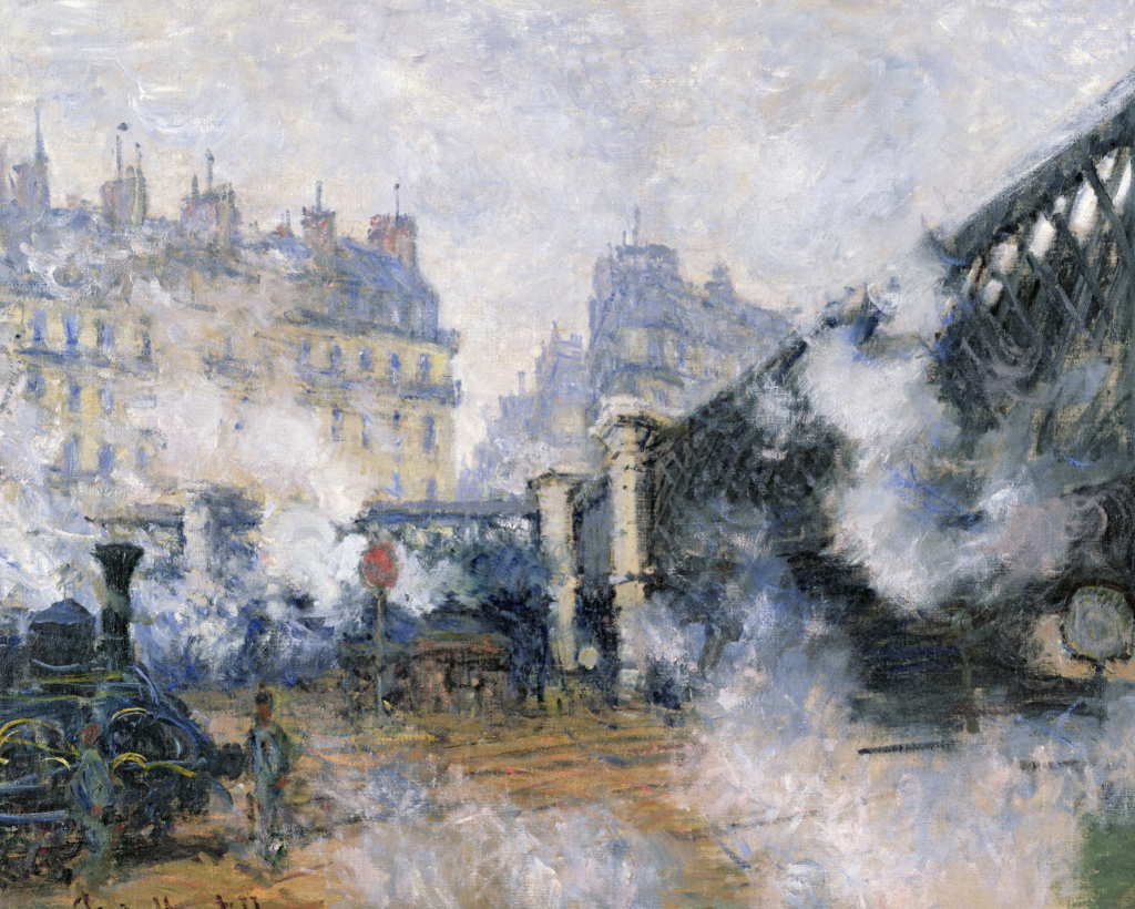 Peinture sur toile de Claude Monet représentant les rails d'une gare avec une locomotive au premier plan à gauche, un pont métallique qui domine la partie droite, et les immeubles à l'arrière-plan, avec une touche rapide et apparente.