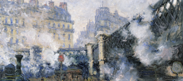 Peinture sur toile de Claude Monet représentant les rails d'une gare avec une locomotive au premier plan à gauche, un pont métallique qui domine la partie droite, et les immeubles à l'arrière-plan, avec une touche rapide et apparente.