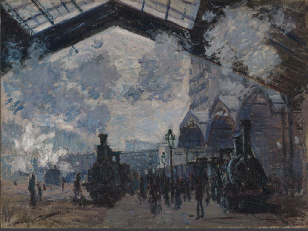 Tableau de Claude Monet, de format rectangulaire, représentant l'intérieur de la gare Saint-Lazare, avec deux locomotives au premier plan, et des voyageurs sur le quai. Les bleus et noirs dominent, la touche est rapide.