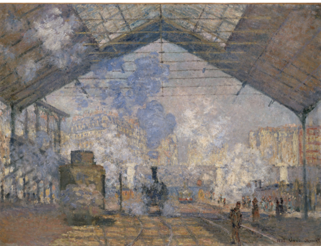 Tableau de Claude Monet, de format rectangulaire, représentant l'intérieur de la gare Saint-Lazare, avec les rails au premier plan et les locomotives, les voyageurs à droite, à peine visibles, et au loin, noyés dans le brouillard des fumées, la ville et ses immeubles.