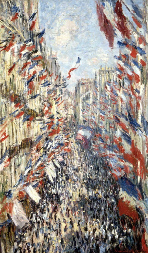 Peinture de Claude Monet, avec un format en hauteur, représentant une vue plongeante d'une rue parisienne, envahie par une foule et longée d'immeubles, avec une multitude de drapeaux bleu blanc et rouge aux fenêtres.