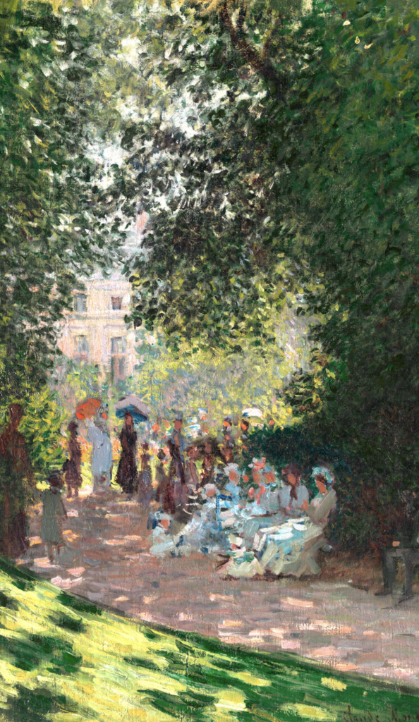 Huile sur toile de Claude Monet représentant des femmes et des enfants au Parc Monceau, par une journée ensoleillée. Format en hauteur.