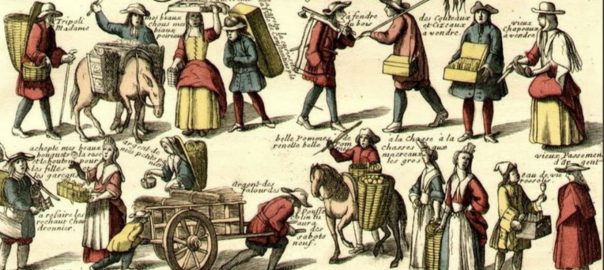 gravure en couleur représentant différents marchands ambulants, avec l'inscription du nom de leur métier.