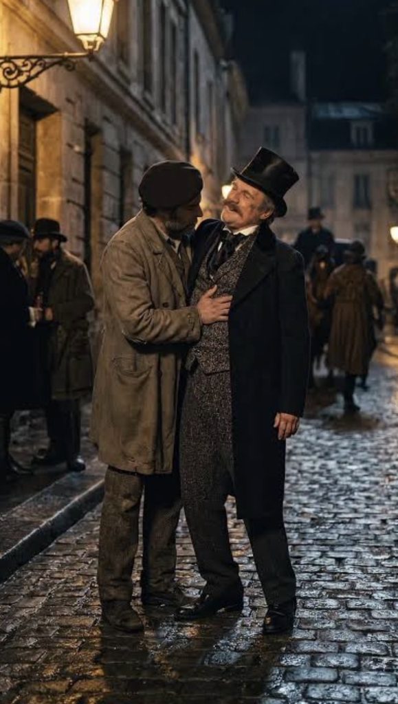 Photo en couleur de deux hommes, l'un en costume et chapeau haut-de-forme, titubant, et l'autre coiffé d'un béret le soutient, la nuit dans une rue parisienne. Une lanterne est allumée, deux hommes discutent à l'arrière-plan à gauche, une calèche s'avance au loin.