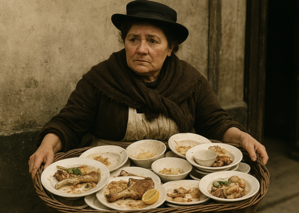 Photo en couleur d'une femme d'âge mur, vêtue d'un châle et d'un chapeau, présentant sur un grand plateau d'osier des assiettes contenant des restes de viandes.