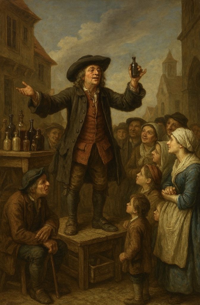 Peinture représentant un homme debout sur un tabouret, brandissant un flacon en s'adressant à une foule attentive rassemblée à sa gauche. Derrière lui, une table avec de nombreux flacons. A l'arrière-plan des maisons de Paris.