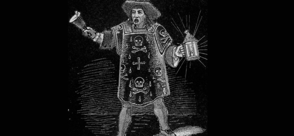 Gravure sur fond noir représentant un homme debout, criant, une cloche dans la main droite, une lanterne dans la main gauche, vêtu d'un manteau orné de dessins de crânes humains.