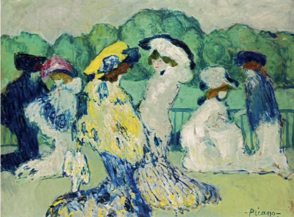 Peinture à l'huile sur carton représentant six silhouettes féminines dans un décor de verdure, vêtues de longs manteaux et coiffées de chapeaux, avec des couleurs vives, jaune, bleu et vert.