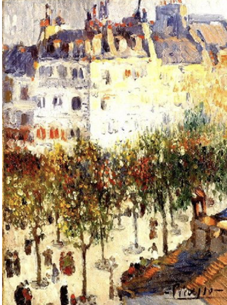 Huile sur toile représentant une vue de haut d'une grande artère bordée d'immeubles et plantée d'arbres, ainsi que de nombreux promeneurs. La peinture est appliquée par touches rapides.