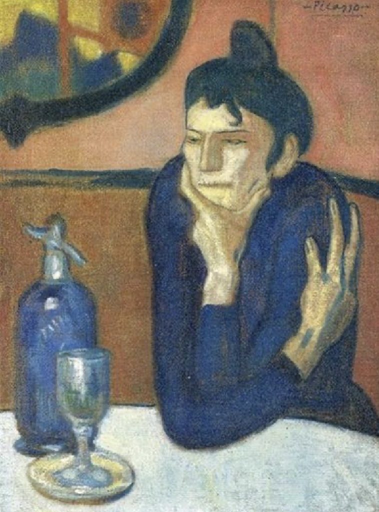 Huile sur toile représentant une femme attablée, les bras autour du buste, le regard pensif, coiffée d'un chignon. sur la table , une bouteille et un verre. Derrière, sur le mur, un tableau ou un miroir. Le bleu et l'ocre sont les couleurs dominantes.
