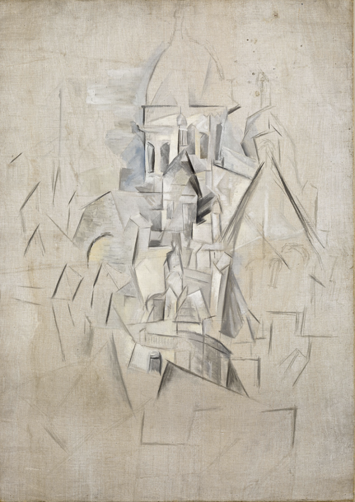 Huile sur toile en gris, blanc et noir représentant sous forme de traits anguleux des maisons, dominé par un dôme. L'ensemble est difficilement reconnaissable, très schématisé.