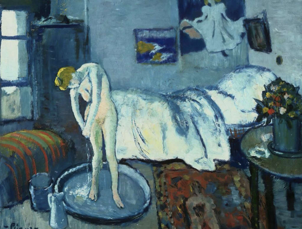 Huile sur toile représentant une femme debout dans un tub, faisant sa toilette, dans une chambre meublée d'un lit, d'un tapis, d'un guéridon et d'un vase de fleurs, ainsi que d'affiches au mur. A gauche, une fenête et un poele. Le bleu est la couleur dominante.