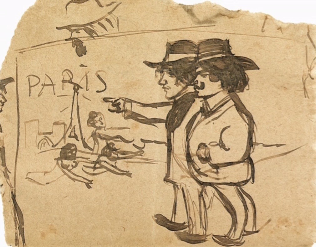 Dessin au lavis sur papier aux contours déchirés, représentant deux hommes coiffés de chapeaux, l'un pointant du doigt trois silhouettes féminines nues et allongées, et au loin la Tour Eiffel et les tours de Notre-Dame.