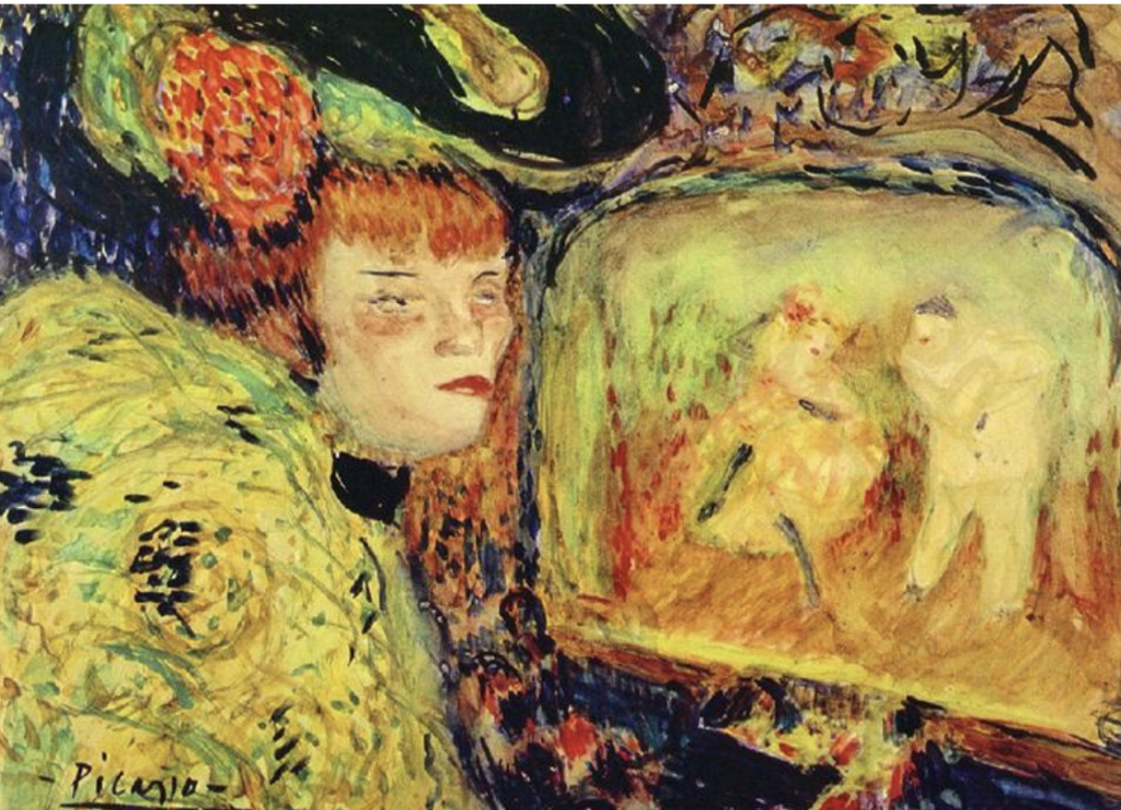 Gouache et aquarelle sur carton, avec des couleurs vives, rouge, jaune, vert et bleu foncé, avec une femme occupant la moitié gauche de la composition, et la scène avec l'orchestre la moitié droite.
