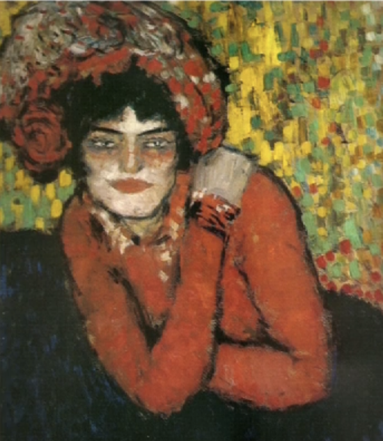 Une femme en buste, de face, les bras autour du buste, est coiffée d'un lourd chapeau de plume, et vêtue d'une veste rouge. Son regard est vague, son visage trop fardé. Le fond est peint de touches de couleurs vives, jaunes, vertes et rouge.