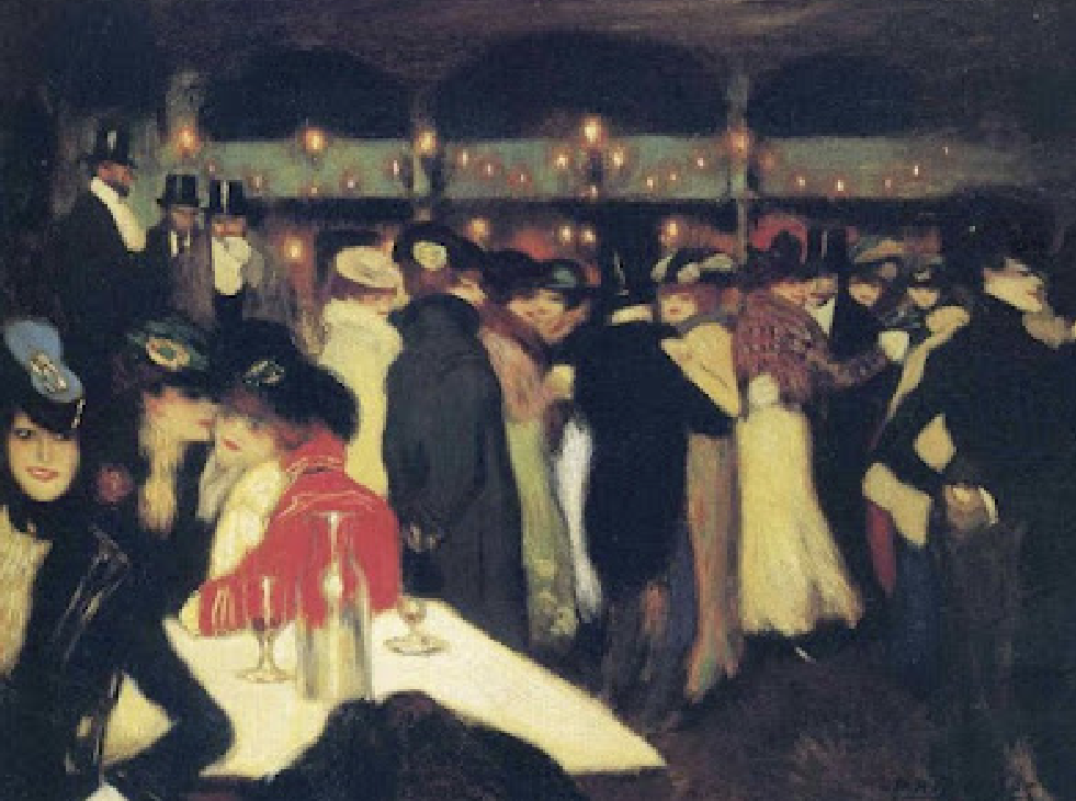 Huile sur toile. Au premier plan trois femmes sont attablées. Derrière, des couples dansent. La scène est nocturne, l'éclairage artificiel. les tonalités dominantes sont le noir et le blanc, avec une touche rouge au premier plan.