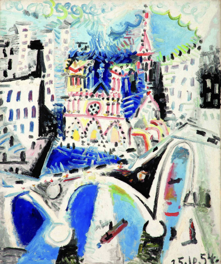 Huile sur toile avec des couleurs vives, bleu , rouge et jaune, appliquée avec un trait rapide, presque esquissé. l'ensemble est volontairement peu précis, au premier plan un pont avec ses trois arches, et à l'arrière plan la façade de Notre-Dame.