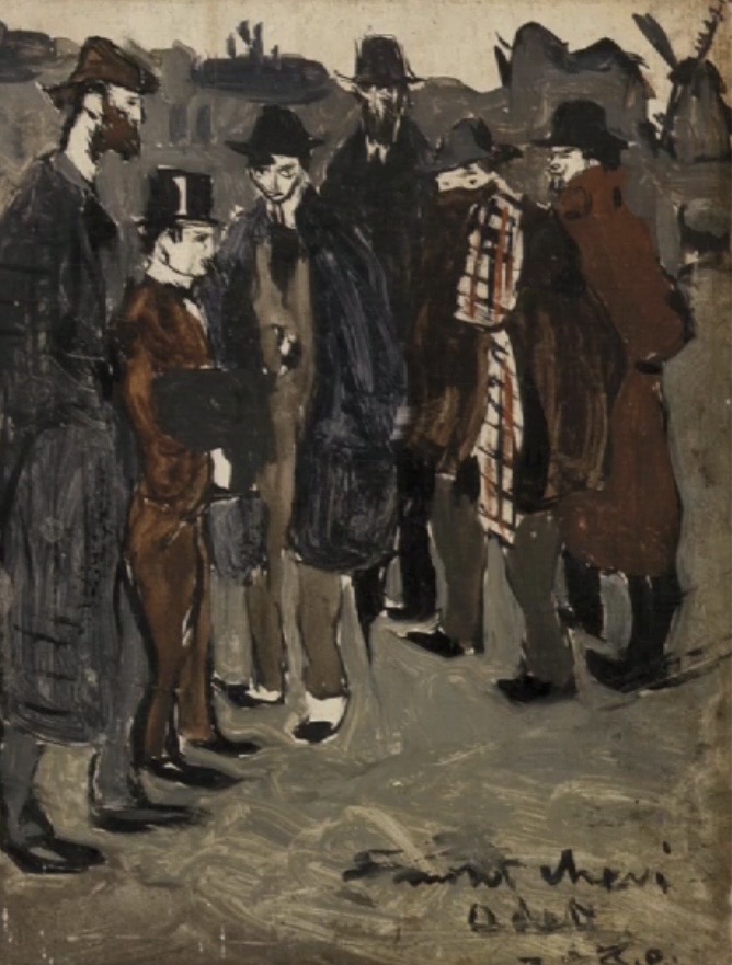 Dessin à l'encre et lavis noir et marron sur papier, représentant six hommes en pied, coiffés de chapeaux et au fond à droite la silhouette d'un moulin.