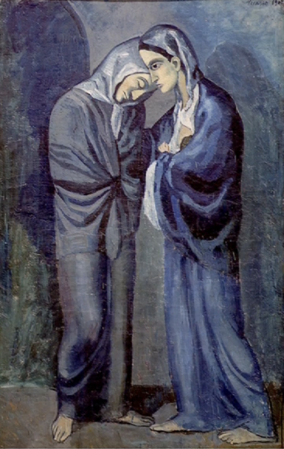 Huile sur toile représentant deux femmes debout, la tête de l'une inclinée vers l'autre. Elles sont vêtues de longues robes et drapées dans des châles, la tête couverte d'un foulard. L'ensemble de la composition est bleue, avec des nuances.