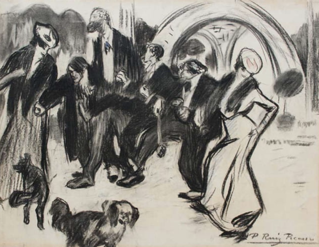 Dessin au fusain représentant six personnages dansant et deux chiens au premier plan, et une architecture en arche à l'arrière-plan.