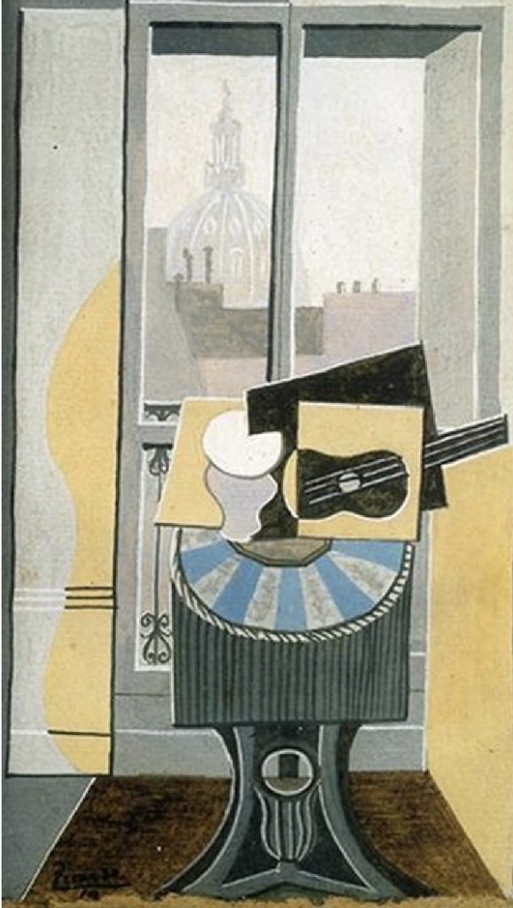Gouache sur papier représentant au premier plan un guéridon sur lequel se devinent une guitare et une carafe, devant une fenêtre. Des cheminées d'immeubles et le dôme de l'église occupent l'arrière plan, à l'éxtérieur de la pièce. Les couleurs sont pâles, jaune, bleu, rose et gris, et appliquées de manière lisse.